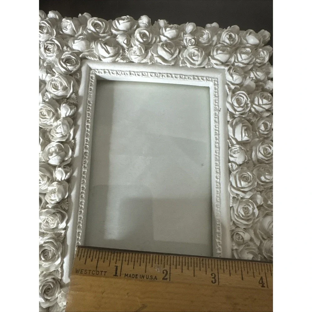 White 3D Roses Photo Frame Shabby Chic Cottage Wedding  3x5 Ceramic Felt Back